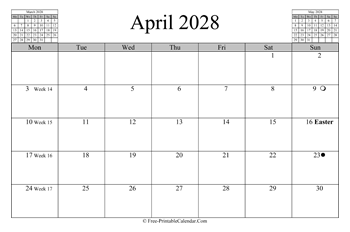 April 2028 Calendar (horizontal)