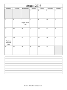 august 2019 editable calendar with notes space