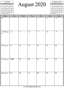 august 2020 calendar vertical