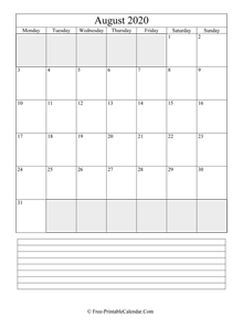 august 2020 editable calendar with notes space