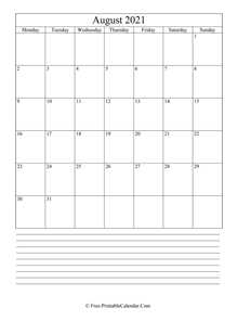 august 2021 editable calendar with notes space