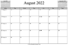 August 2022 Calendar (horizontal)