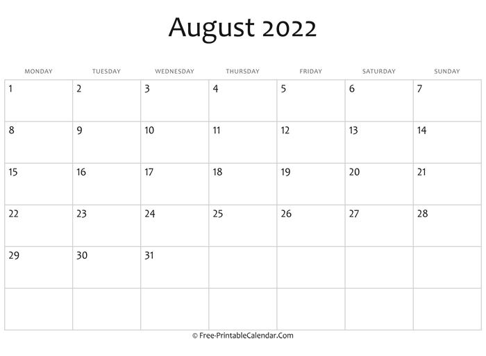 August 2022 Calendar Printable with Holidays
