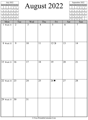 august 2022 calendar vertical