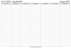 august 2022 weekly calendar landscape layout