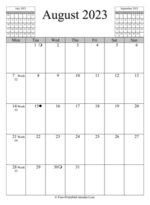 august 2023 calendar vertical