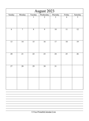 august 2023 editable calendar notes portrait