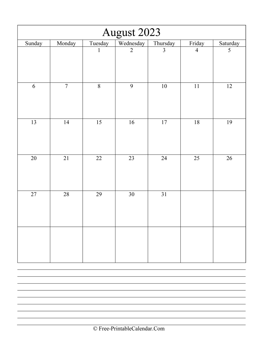 august 2023 Editable Calendar with notes