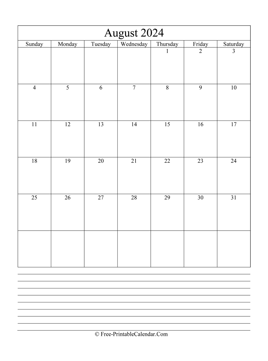 august 2024 Editable Calendar with notes