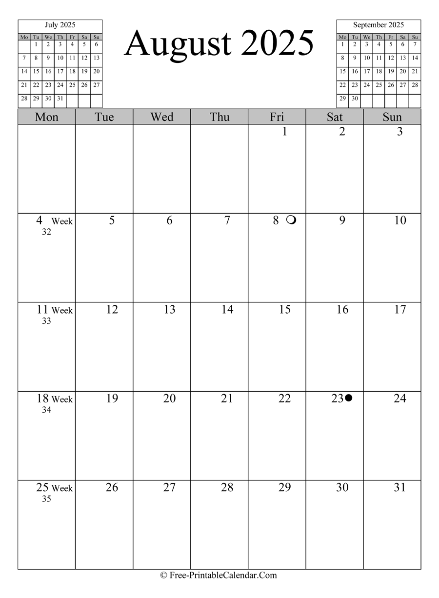 august 2025 Calendar (vertical layout)