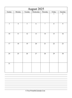 august 2025 editable calendar with notes space
