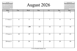 August 2026 Calendar (horizontal)