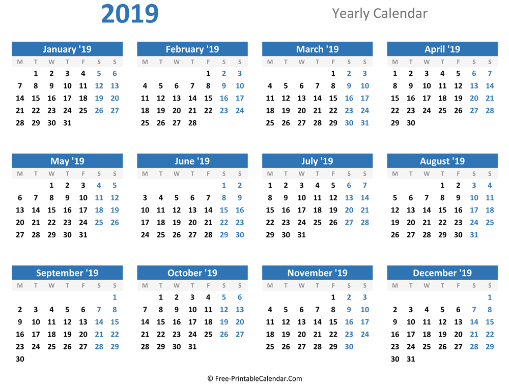 Blank Yearly Calendar 2019 (Horizontal Layout)