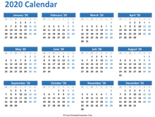 Blank Yearly Calendar 2020 (horizontal)