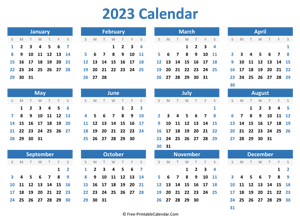 blank yearly calendar 2023 (horizontal layout)