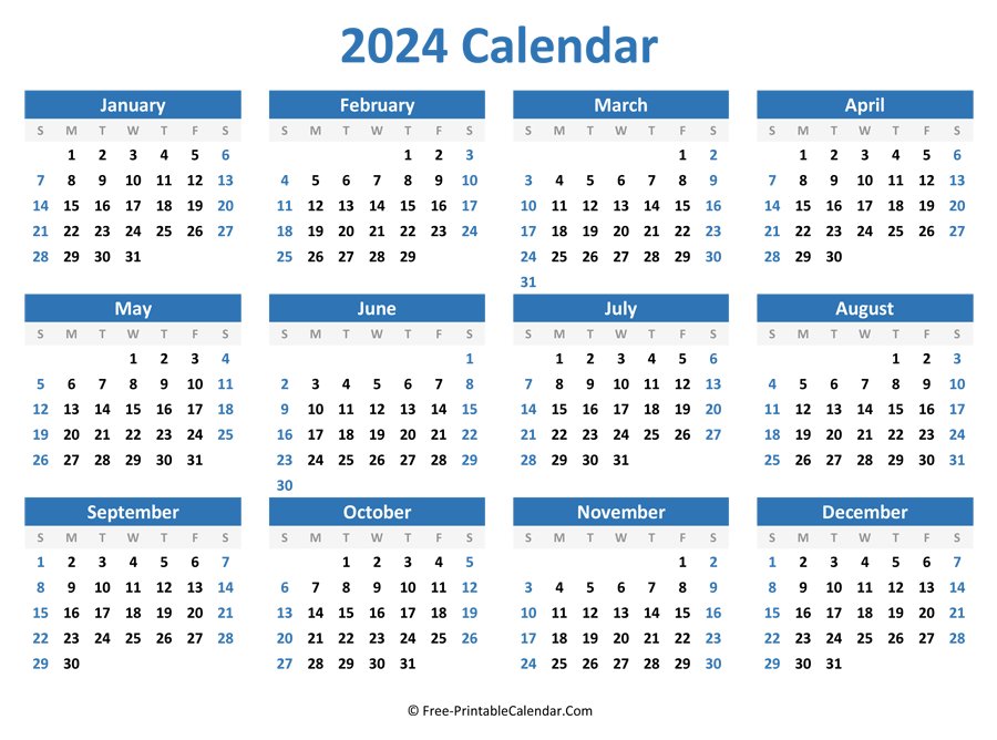Blank Yearly Calendar 2024 (Horizontal Layout)