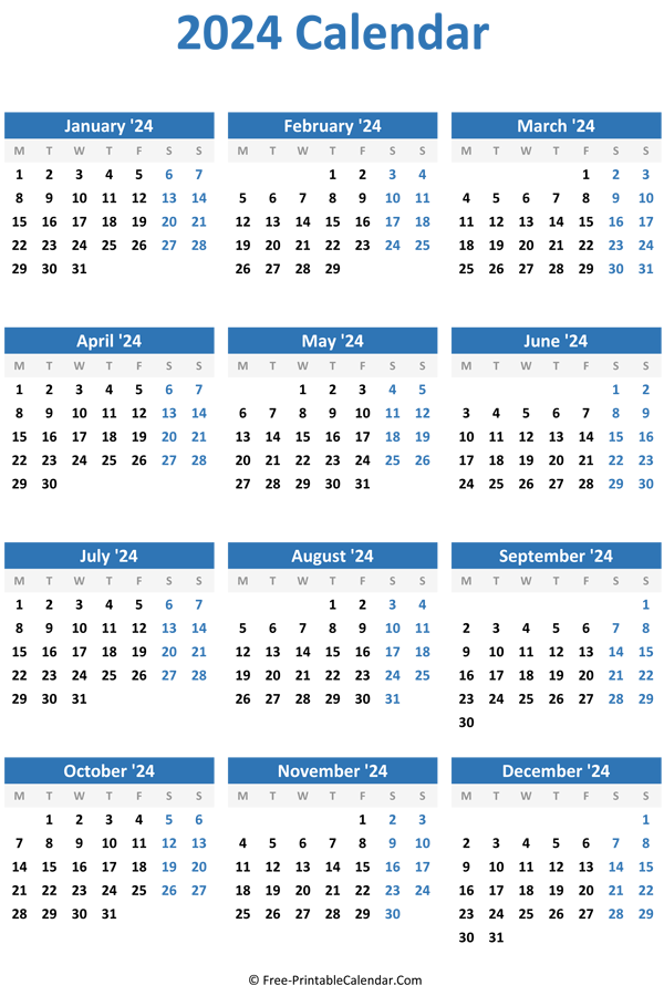 2024 Yearly Calendar in Excel PDF and Word