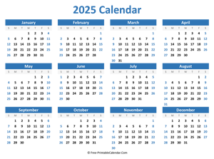 blank yearly calendar 2025 (horizontal layout)