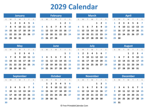 Blank Yearly Calendar 2029 (horizontal)