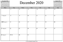 December 2020 Calendar (horizontal)