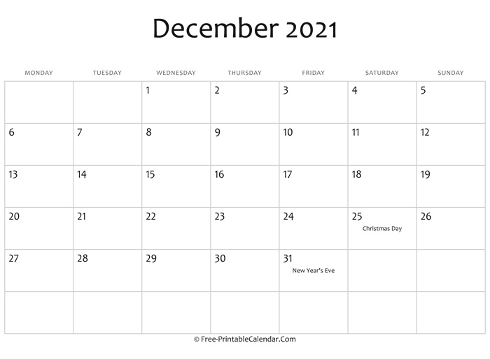 December 2021 Calendar Printable with Holidays