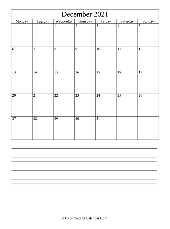 december 2021 Editable Calendar with notes