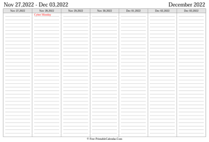 december 2022 weekly calendar landscape layout