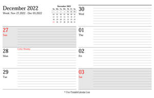 december 2022 weekly calendar planner landscape layout