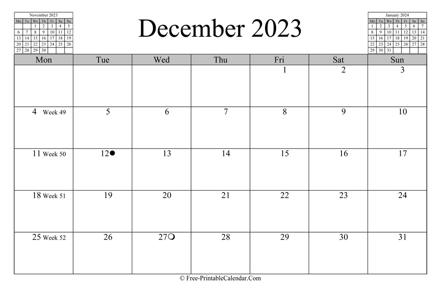 december 2023 Calendar (horizontal layout)
