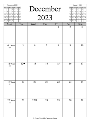 december 2023 calendar vertical