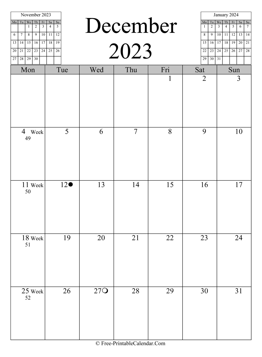 december 2023 Calendar (vertical layout)