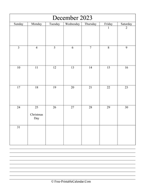 december 2023 editable calendar notes portrait
