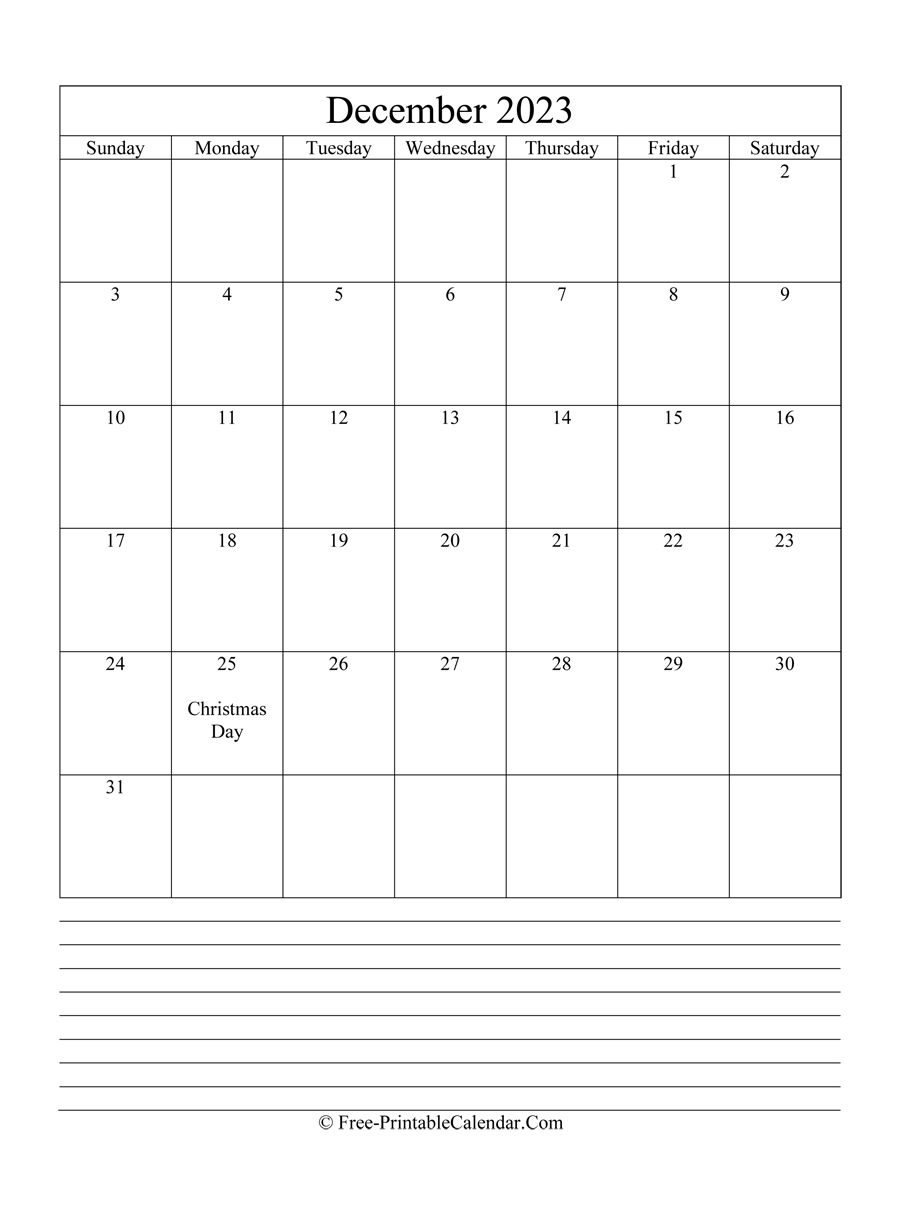 december 2023 Editable Calendar with notes