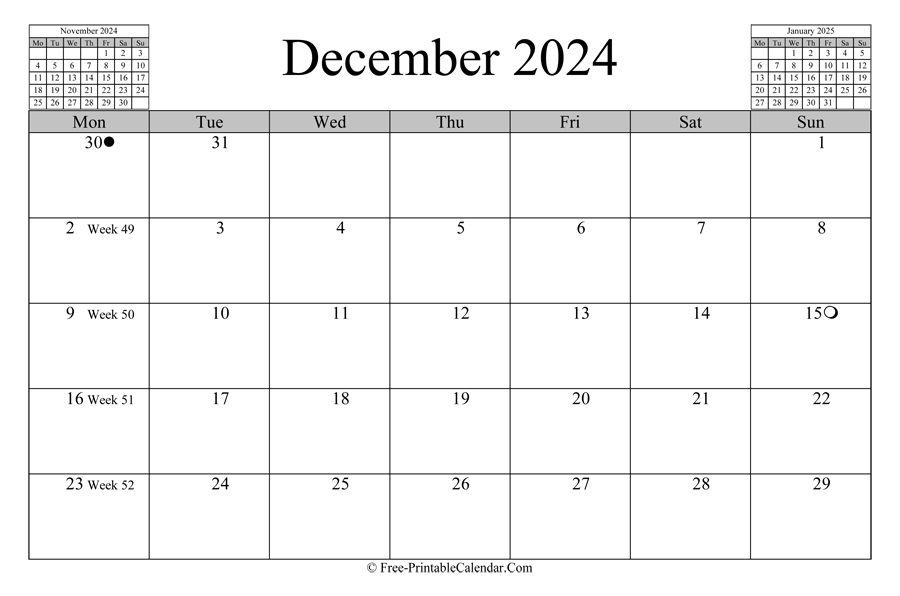 december 2024 Calendar (horizontal layout)