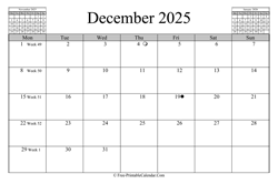 december 2025 calendar horizontal
