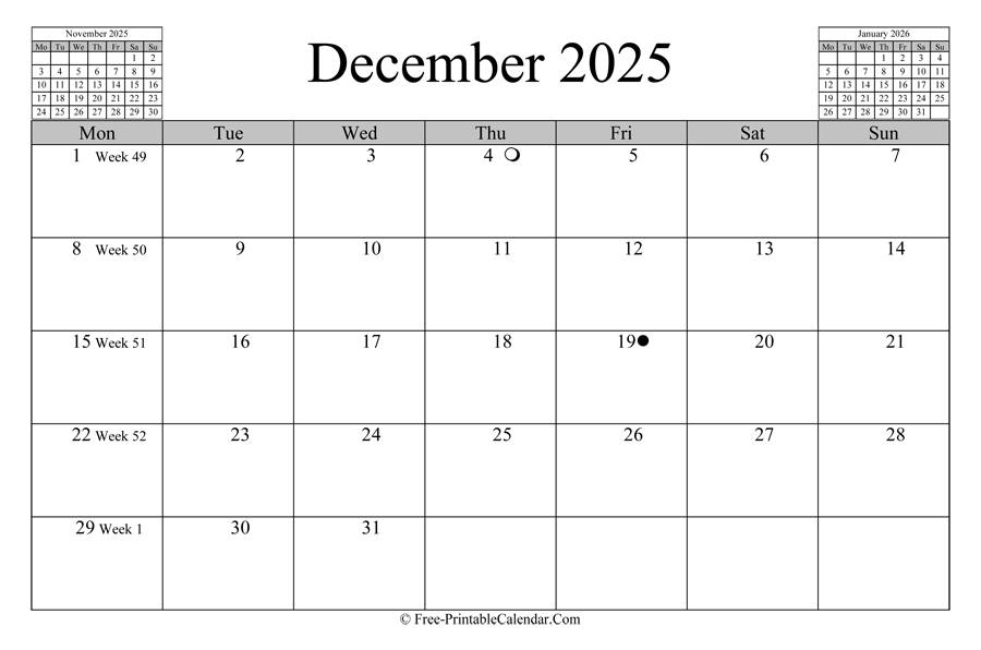 december 2025 Calendar (horizontal layout)