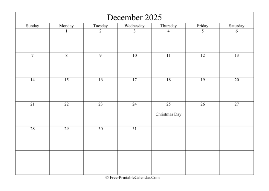 December 2025 Calendar Printable with Holidays
