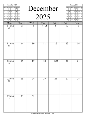 december 2025 calendar vertical