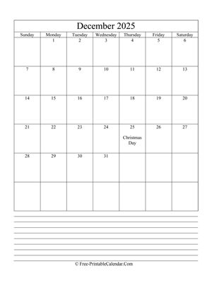 december 2025 editable calendar with notes space