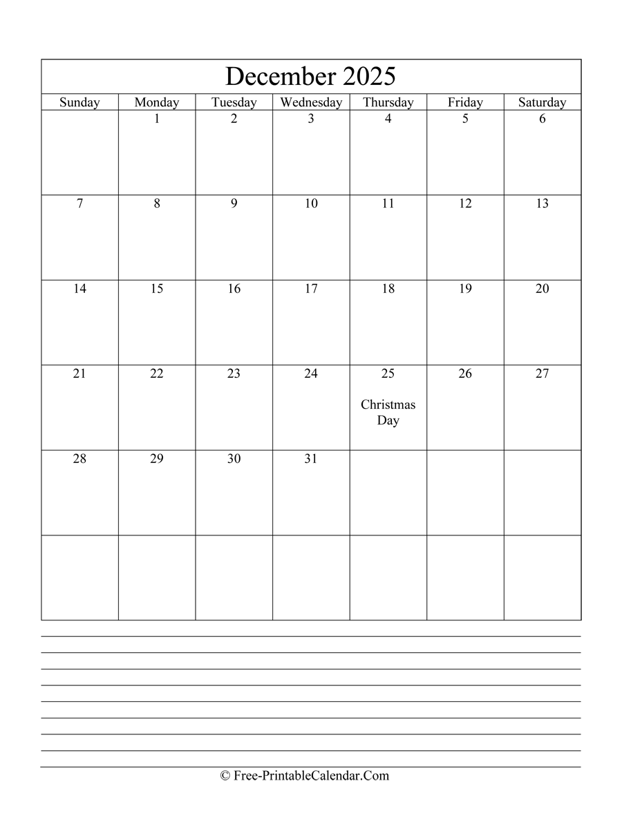 december 2025 Editable Calendar with notes