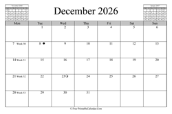 December 2026 Calendar (horizontal)