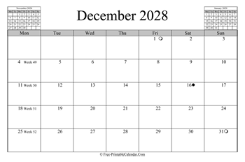 December 2028 Calendar (horizontal)