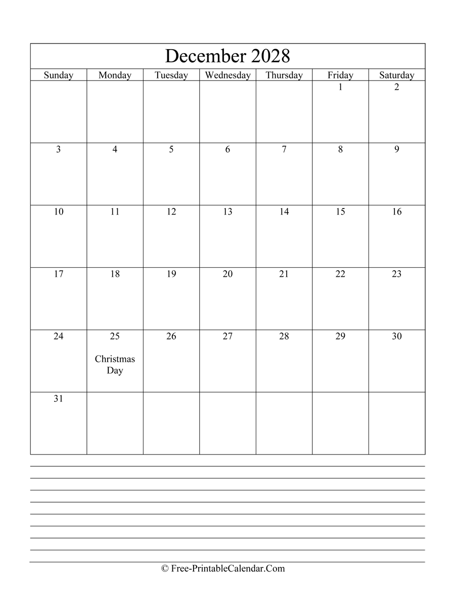 December 2028 Editable Calendar with Notes