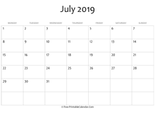 calendar july 2019 editable