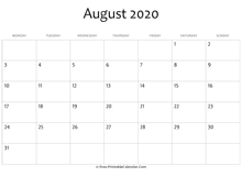calendar august 2020 editable