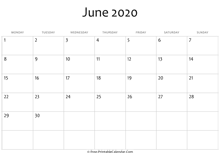 calendar june 2020 editable