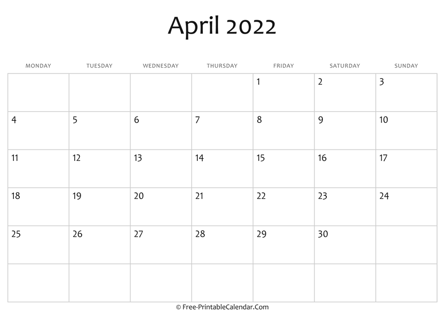 Editable 2022 April Calendar
