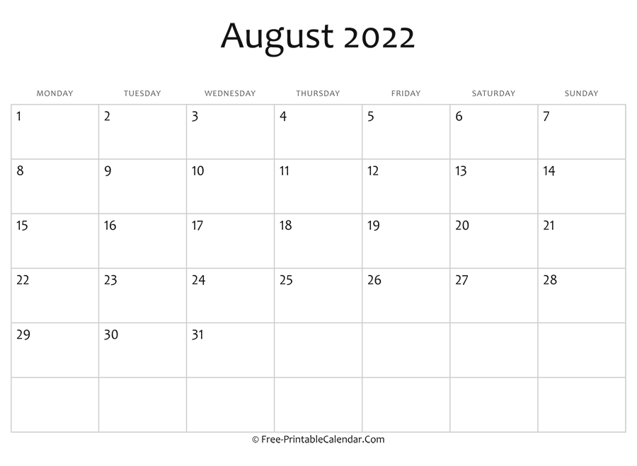 Editable 2022 August Calendar