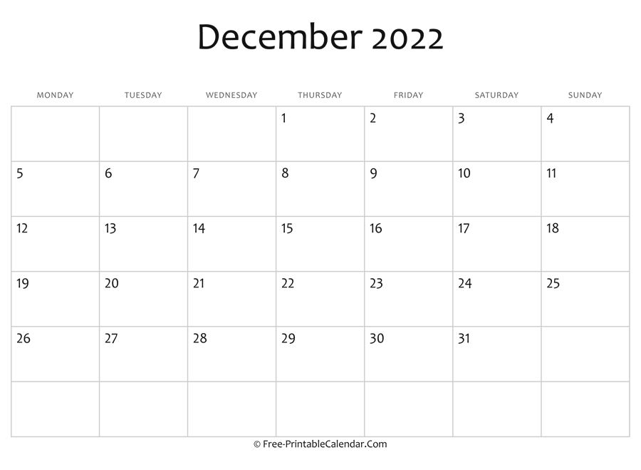 Editable 2022 December Calendar