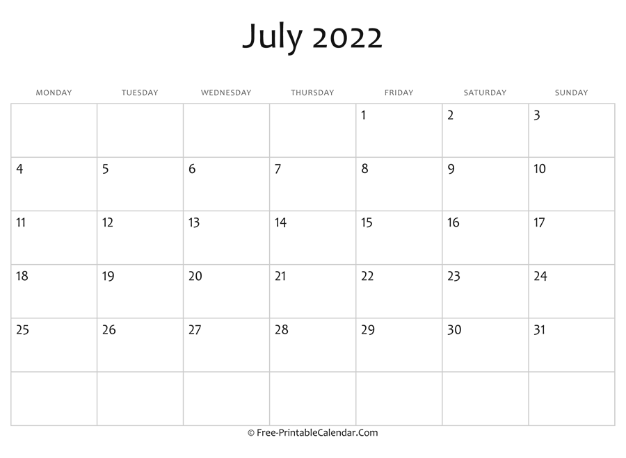 Editable 2022 July Calendar